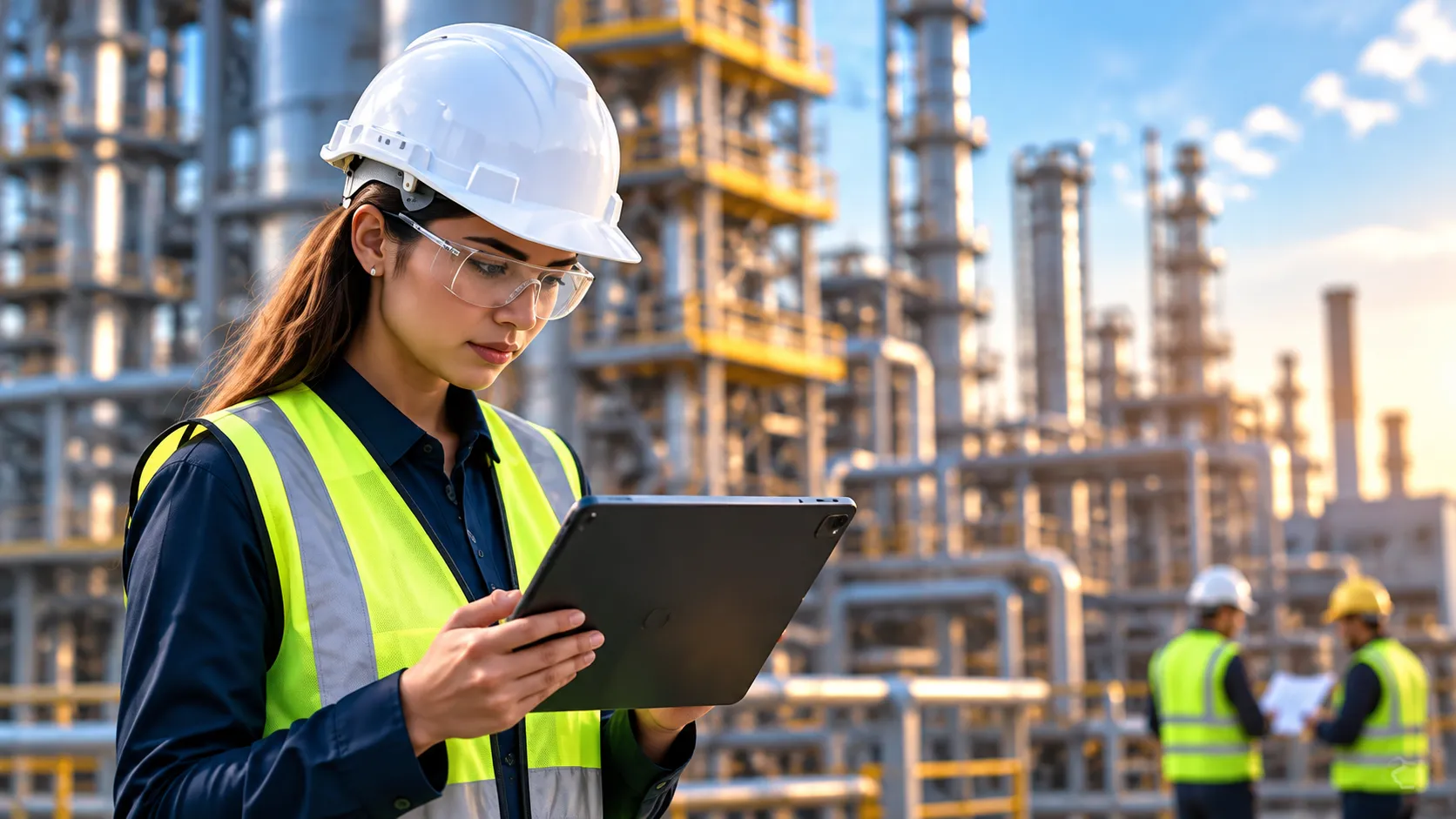 Occupational health and safety professional studying at an industrial workplace