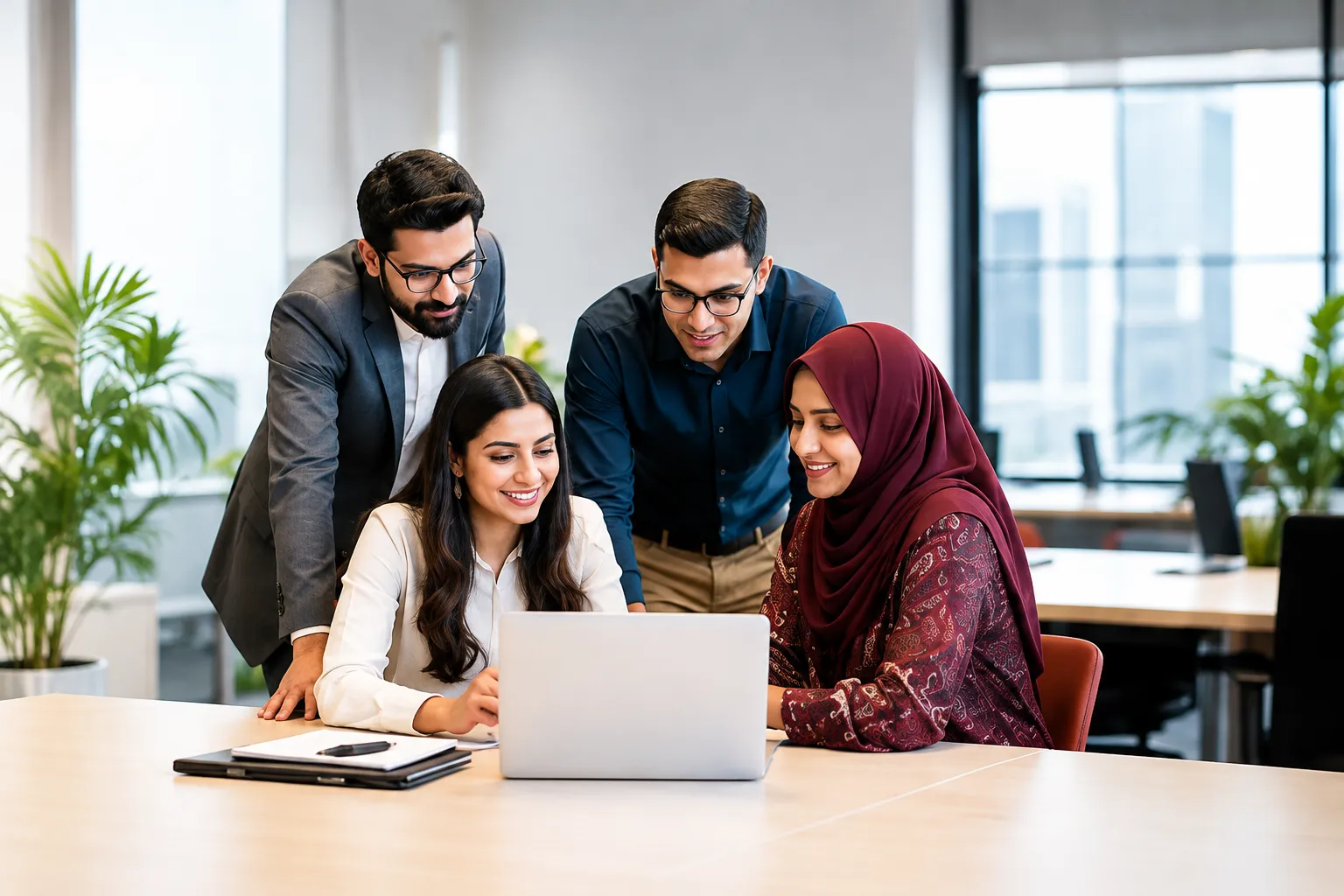 Collaborative team meeting around a laptop